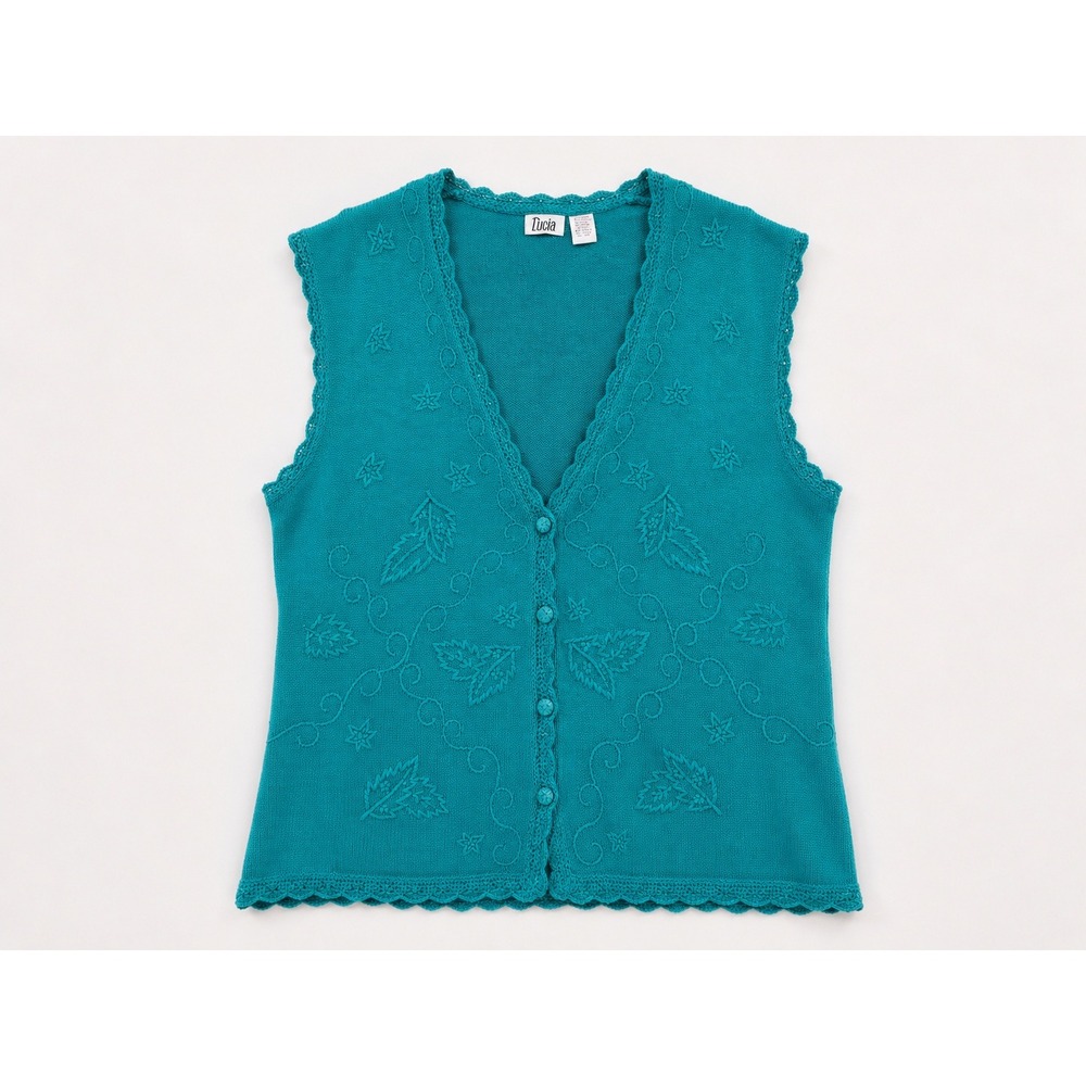 Lucia Teal Knit Button Front Vest Leaf Embroidered Scalloped Trim Size M